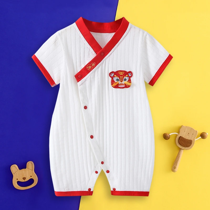 婴儿纯棉短袖连体衣夏季薄款哈衣宝宝满月百天周岁服抓周服6256