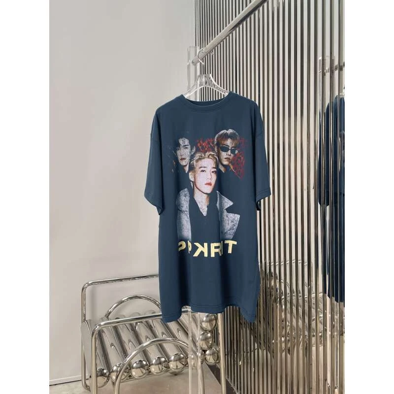 巴黎人物字母印花T恤 时尚百搭圆领套头短袖上衣