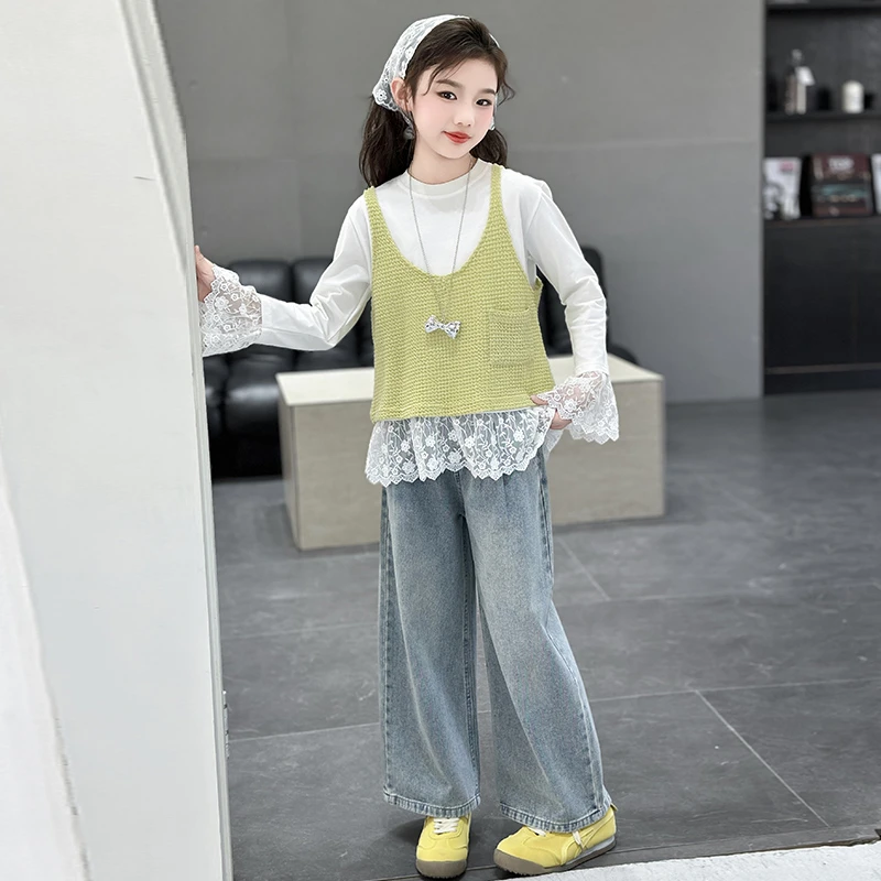 女童套装春装2025新款儿童洋气马甲打底大童女孩春季阔腿裤两件套