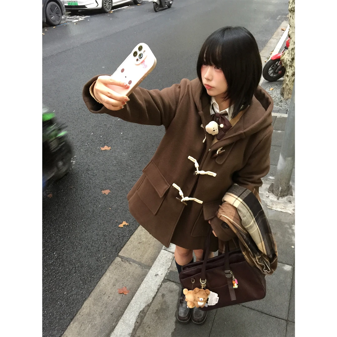 冰淇淋与鲸原创jk制服【凛冬纪】学院风连帽牛角扣毛呢大衣秋冬