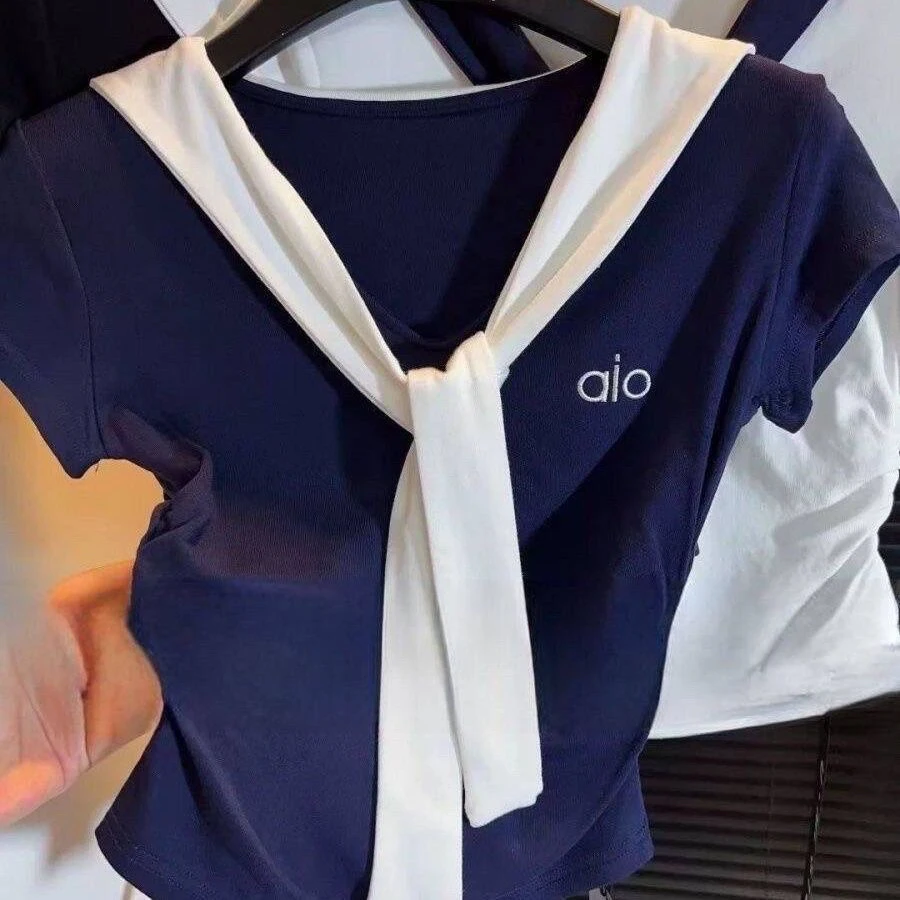 藏青色2025新款夏季短袖显瘦撞色海军风假两件披肩拼接T恤上衣ins