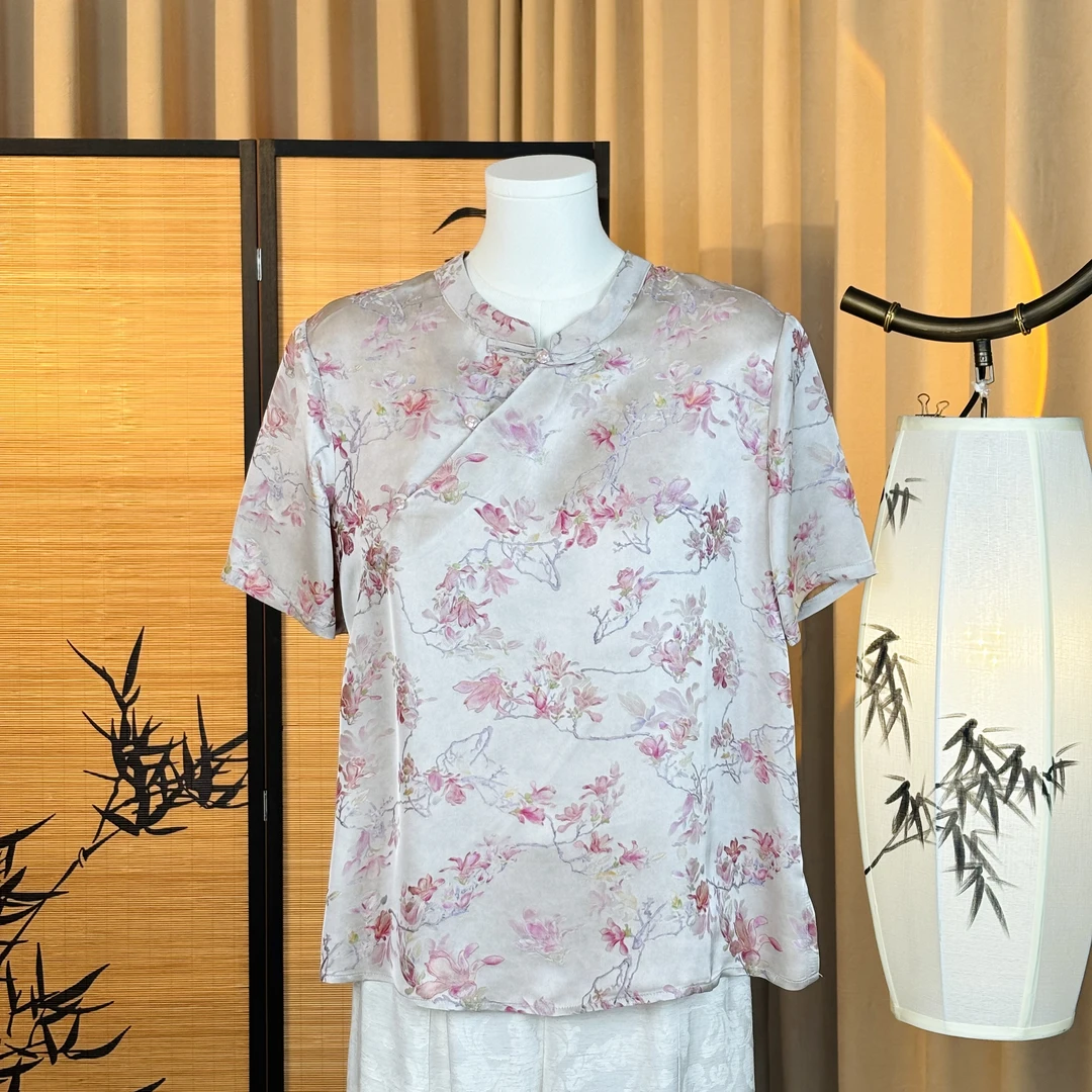 绯胭-日常新中式红云纱时尚显瘦宽松优雅气质中式短袖上衣夏季