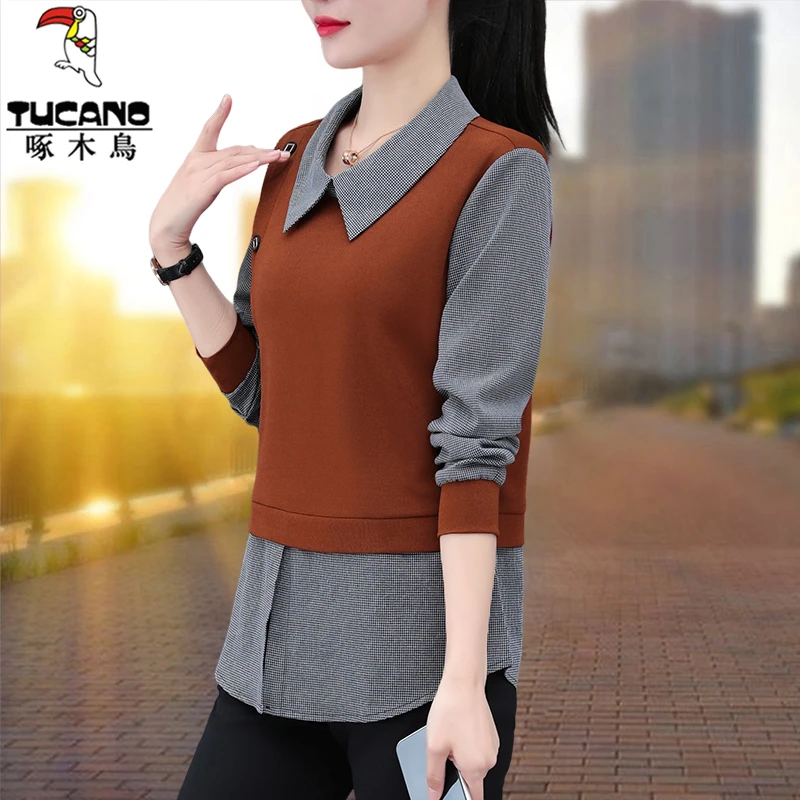 啄木鸟卫衣长袖假两件女款春秋2025新款时尚休闲洋气翻领宽松上衣