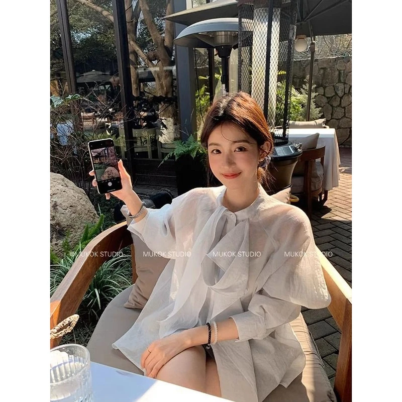 拿捏松弛感~ 时尚纯色垂感衬衫法式飘带长袖宽松设计感上衣2025夏