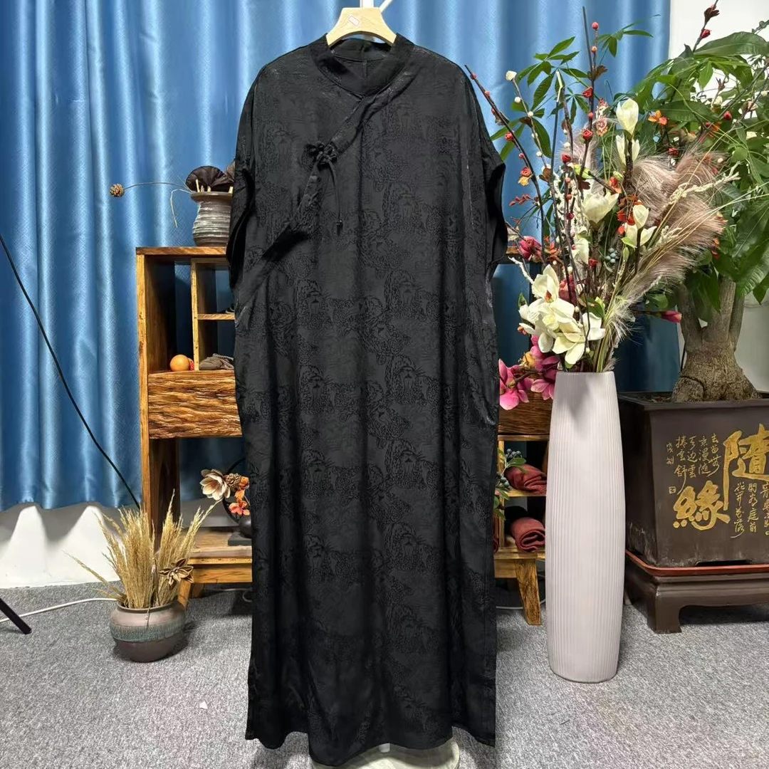 花璟与麻原创设计款立领斜襟盘扣提花袍裙（衣长132胸围130）