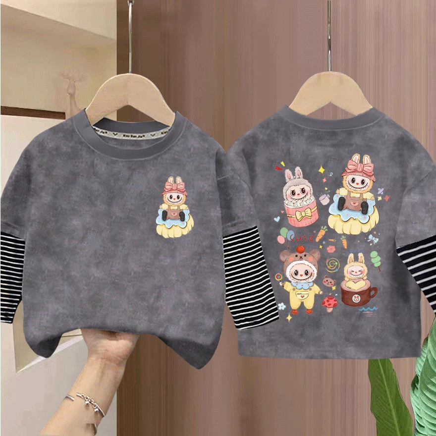 爆款拉布春秋新款男童女童2025假两件纯棉长袖上衣圆领儿童卡通潮