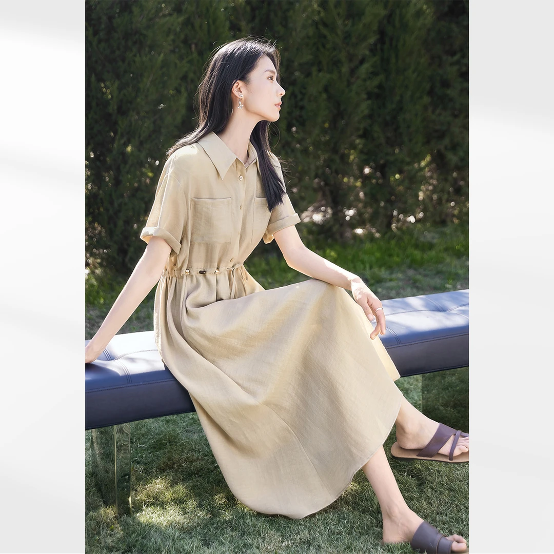 莱赛尔亚麻轻薄串珠连衣裙女2025夏季新款休闲通勤垂感衬衫裙