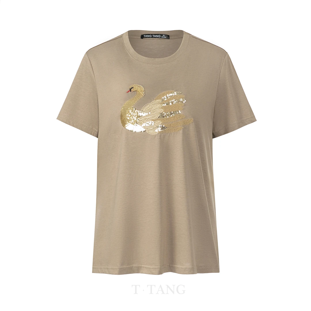 FL秋季时尚百搭串珠亮片工艺天鹅刺绣圆领休闲半袖T恤【2796】