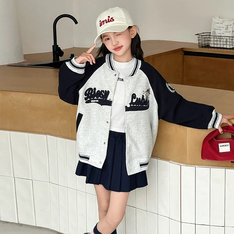 女童外套秋款2025息款洋气休闲卡通上衣拼色秋装女孩超好看棒球服