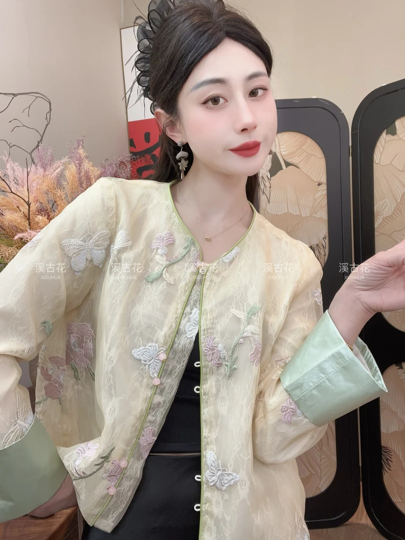 【栀颜】春夏新款薄款气质外套女百搭时尚国风上衣女绣花