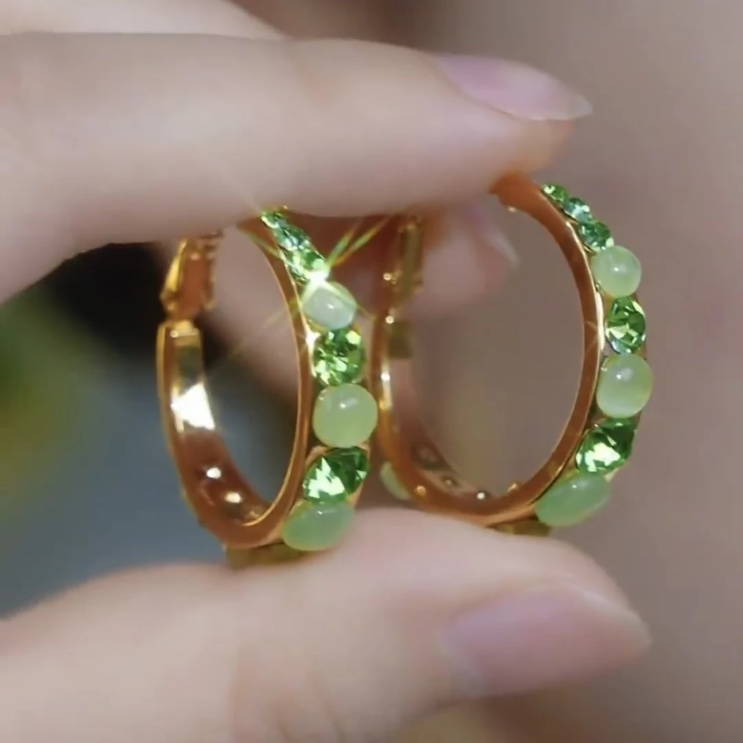 铜合金合成锆石耳饰 超闪绿色水钻耳圈耳环网红爆款轻奢气质百搭
