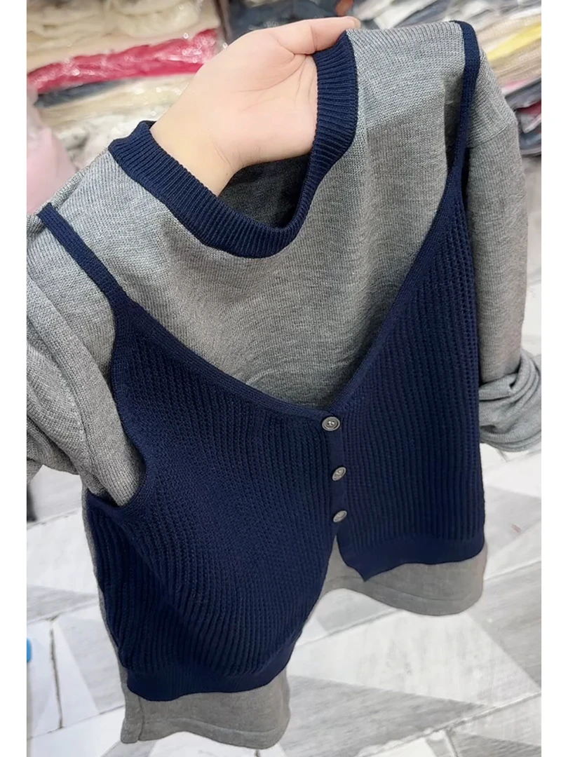 韩版时尚百搭日常针织假两件女2025早秋拼接气质长袖宽松显瘦上衣