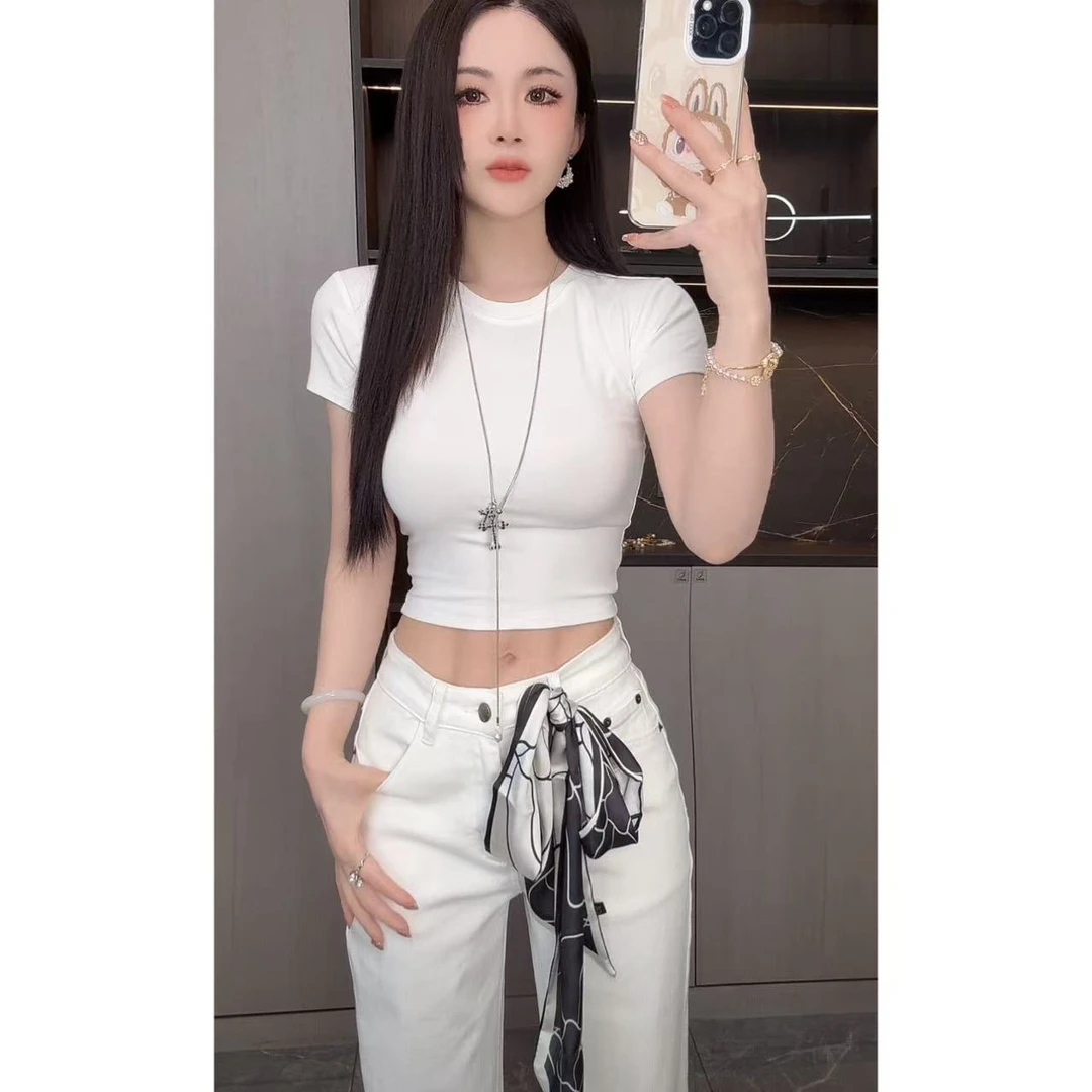 曼曼【简约公式~】基础圆领短袖紧身修身显瘦T恤女（无垫肩）