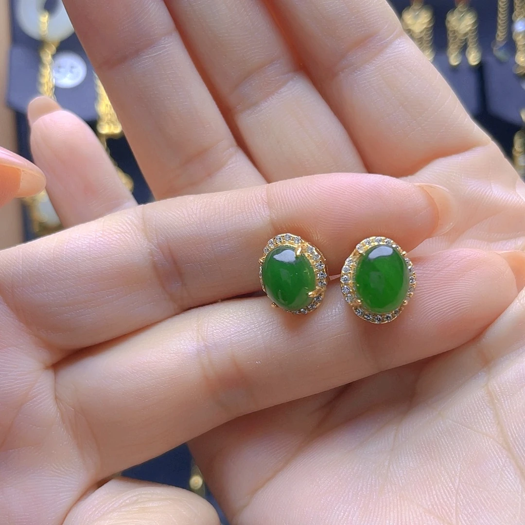 和田玉银S925镀金镶嵌耳饰