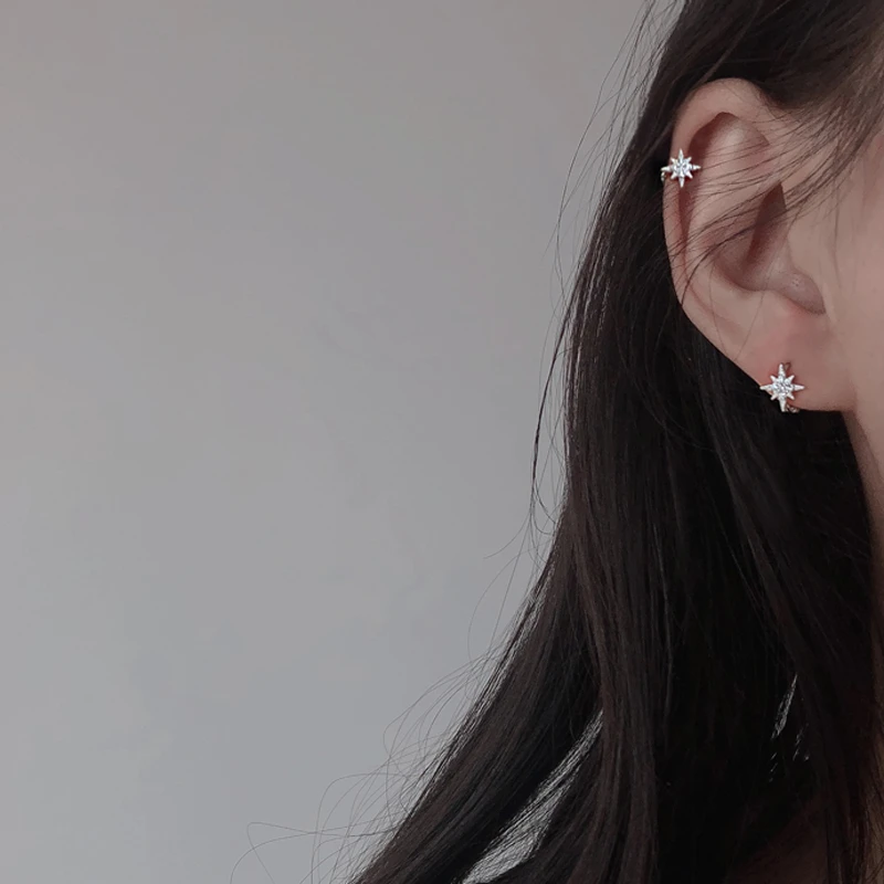 925银耳饰 通体纯银八芒星耳骨耳扣有耳洞耳圈耳饰风欧若智性风