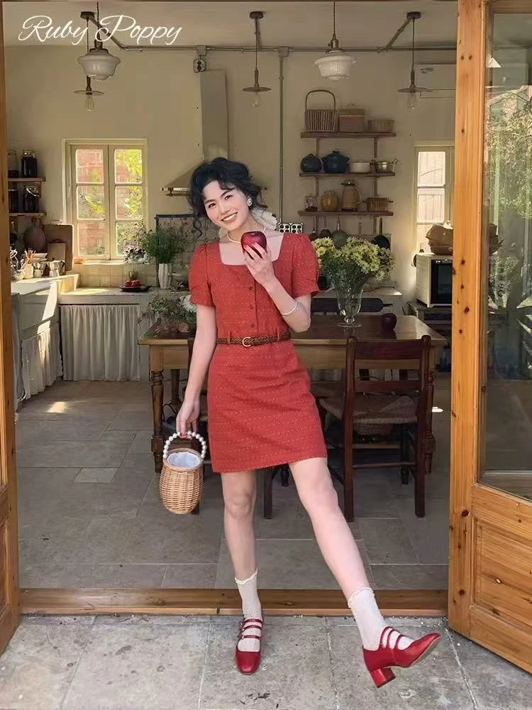 【泡面卷儿】港风复古波点连衣裙女夏季（送腰带）JR61901025