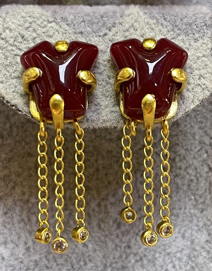 铜合金锆石耳饰 非金属复古民族风红色耳钉轻奢气质时尚配饰手工