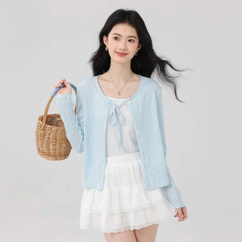 温柔风长袖针织开衫外套女2025春季新款白色吊带开衫两件套装