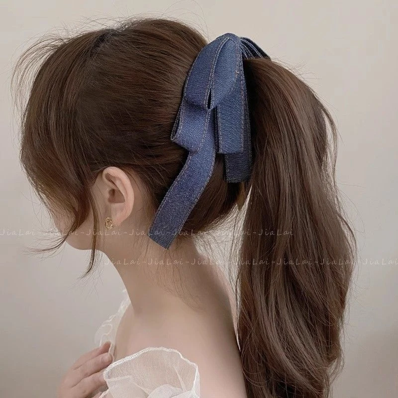 早春牛仔蝴蝶结香蕉夹竖式高马尾防滑发卡扎头发夹子2025新款发饰