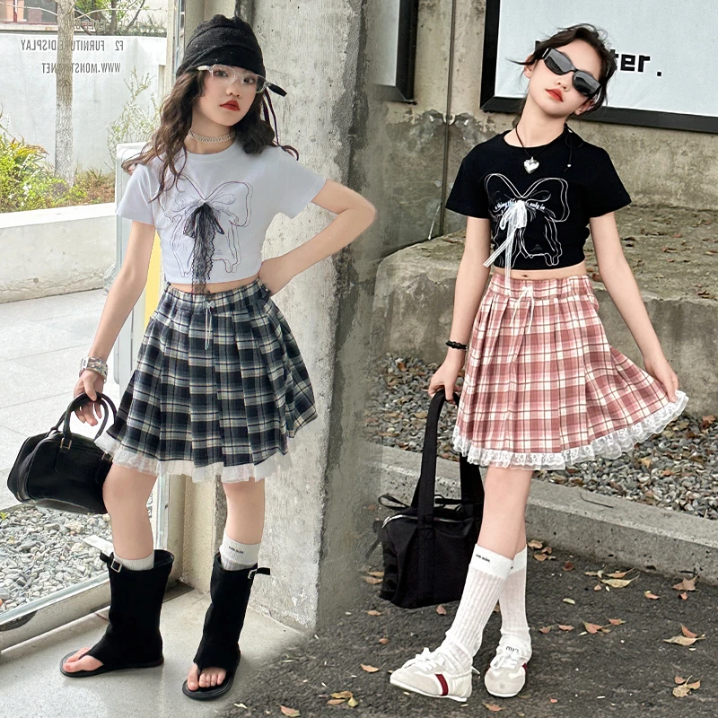 童装女童夏季套装裙子2025新款中大童女装儿童洋气短格子百褶短裙