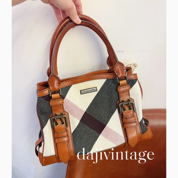 95新 BURBERRY/博柏利 大吉中古ff/Burberry棕色格纹手提包
