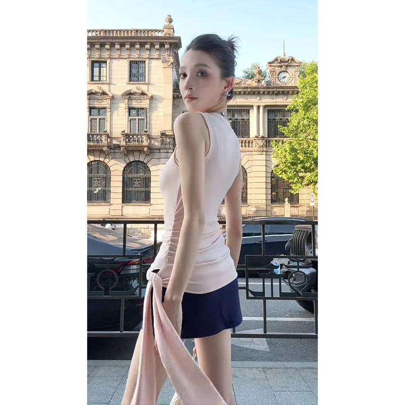 纯欲夏季2025新款休闲百搭设计感飘带无袖上衣高腰包臀半身裙短裙