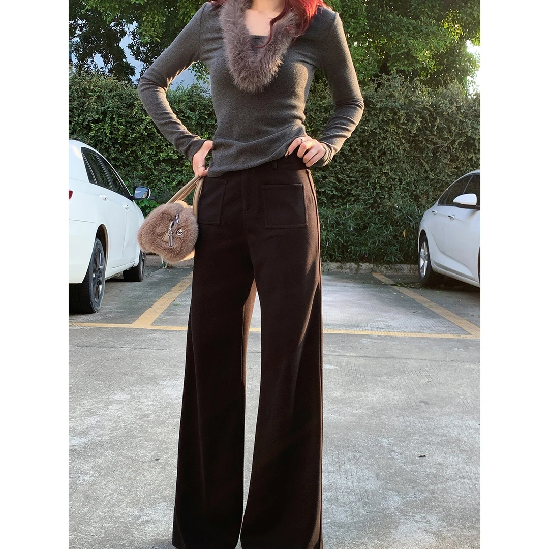 甜辣多多【贵调老钱】双面磨毛斜纹针织阔腿裤2025年秋冬休闲裤女