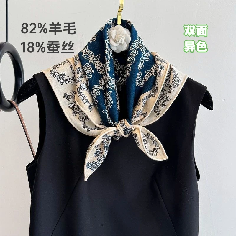 真丝羊毛围巾2025新款字母双面异色时尚装饰发带包头丝巾气质百搭