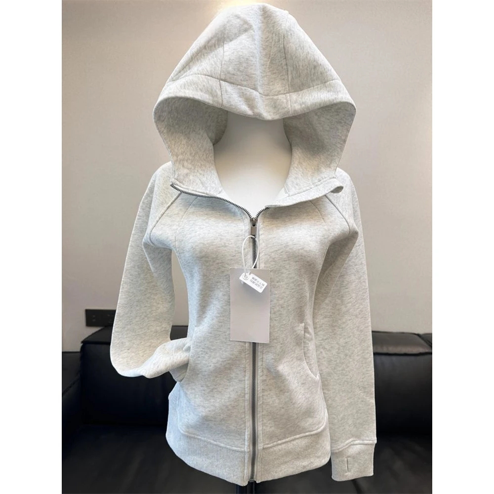 白灰色卫衣女休闲百搭开衫春秋季新款连帽长袖外套美式修身上衣冬