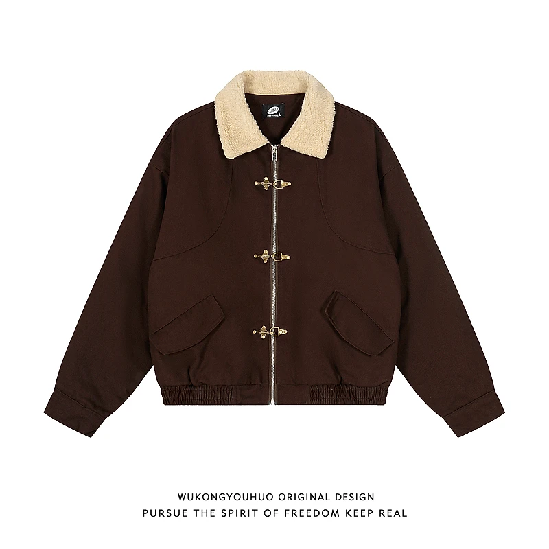 悟空有货美式复古羊羔绒加厚短款棉衣男冬季潮牌情侣百搭工装棉服