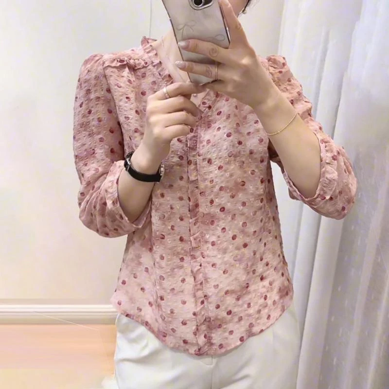 6891宽松通勤花边粉色波点八分袖衬衫