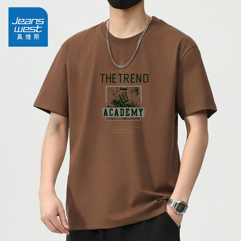 Jeanswest/真维斯男士休闲T恤夏季薄款宽松潮流印花透气短袖上衣