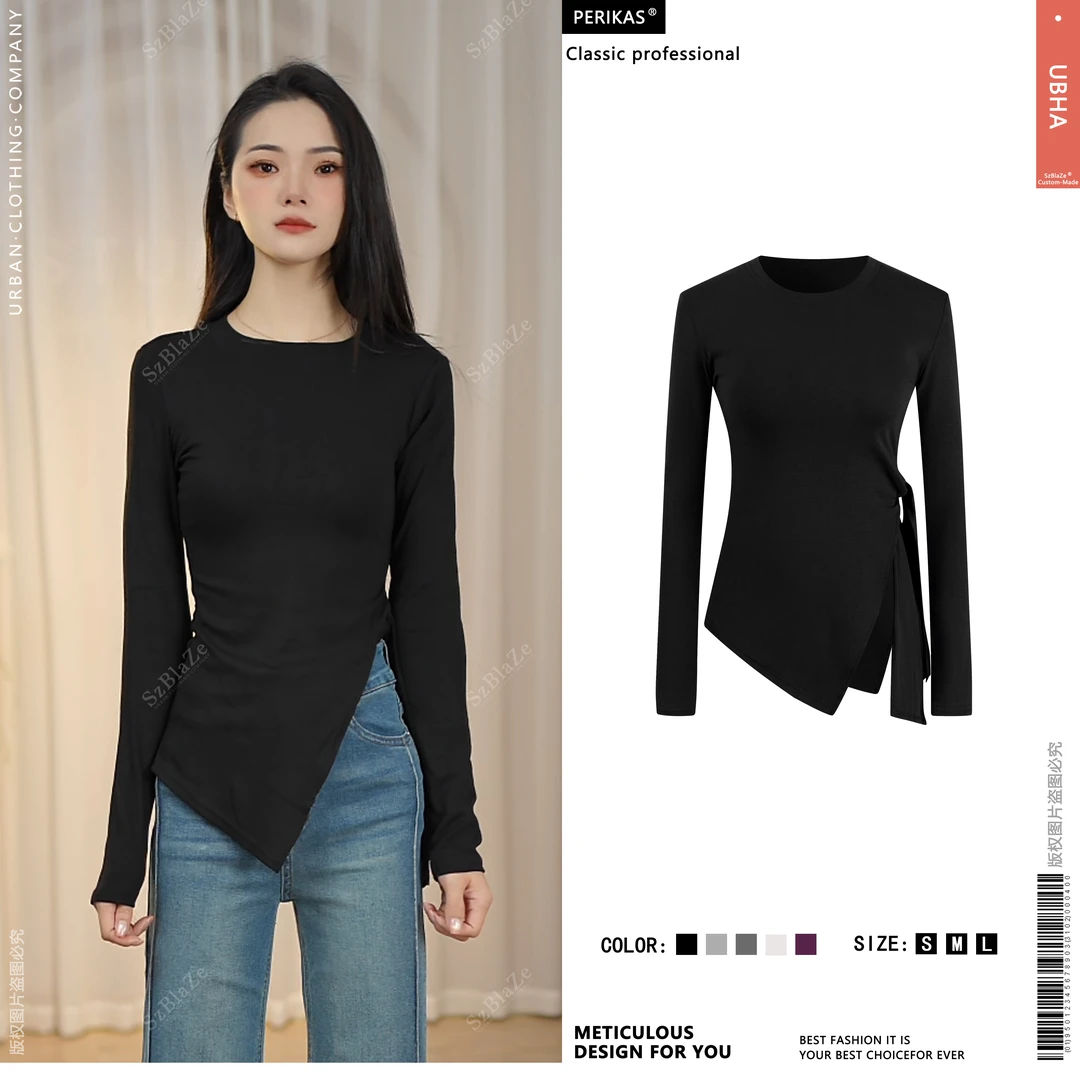 SzBlaZe春夏T恤辣妹款长袖打底绑带掐腰显瘦设计长袖薄款修身上衣