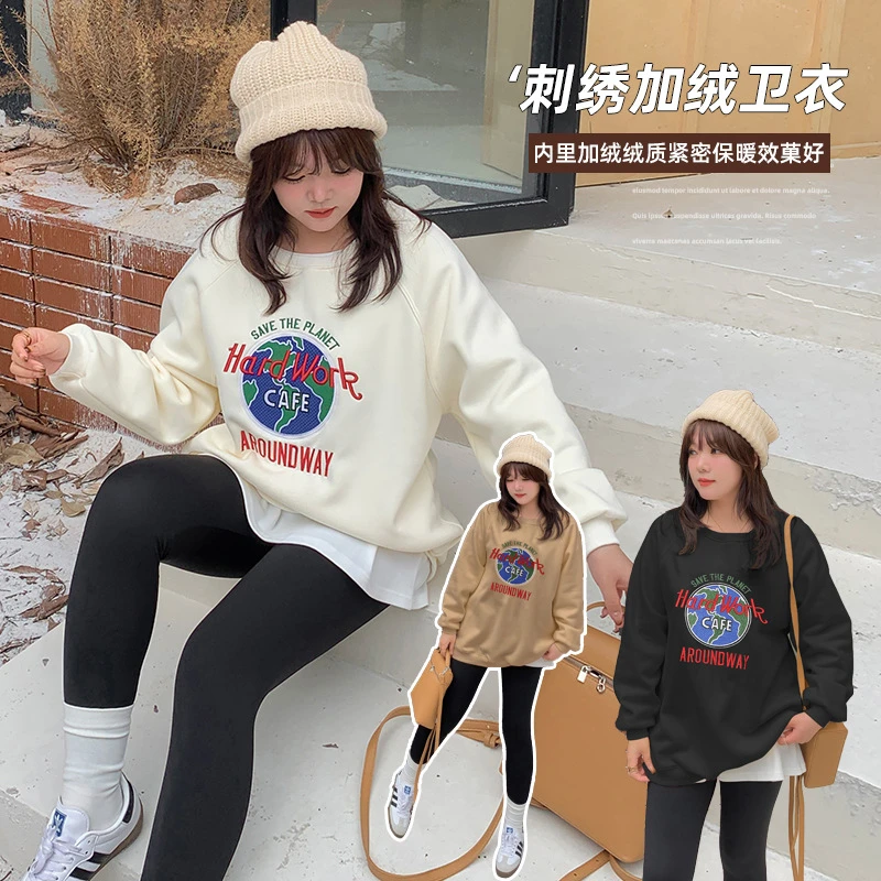美式撞色重工刺绣圆领加绒卫衣冬季新款大码女装宽松上衣430979