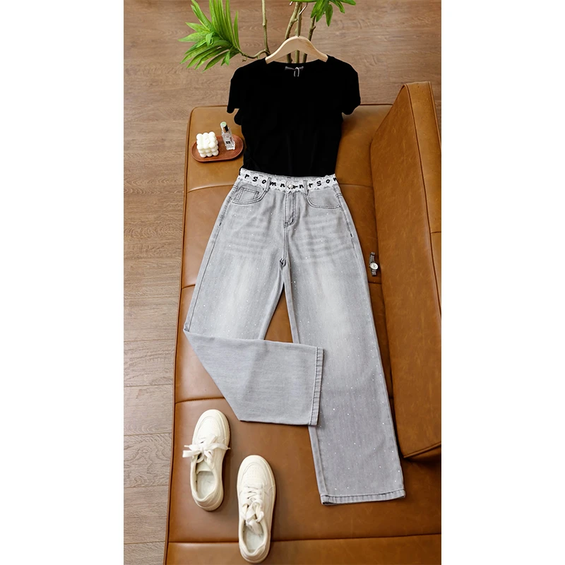 蕾丝裤腰牛仔直筒裤女2025夏季新款高腰显瘦重工烫钻阔腿裤F2035