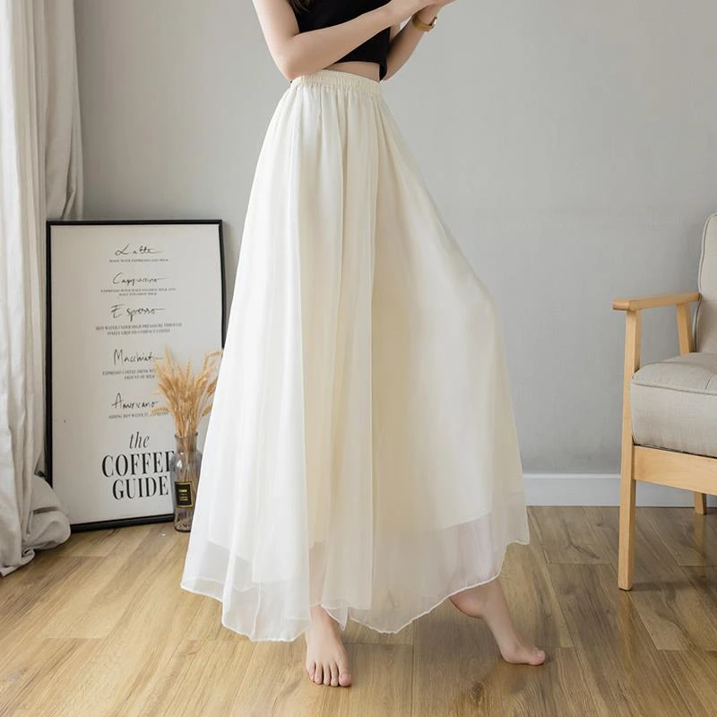 新中式国风白色雪纺裤裙阔腿裤女2025夏季新款小个子禅意垂感裤子