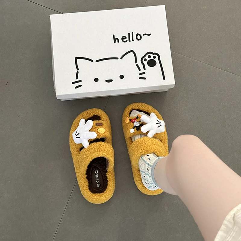 可爱卡通老鼠毛毛鞋女2025秋冬新款时尚外穿百搭保暖舒适一字棉拖