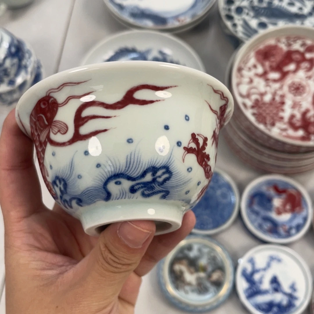 瓷片景德镇釉里红鱼化龙主人杯