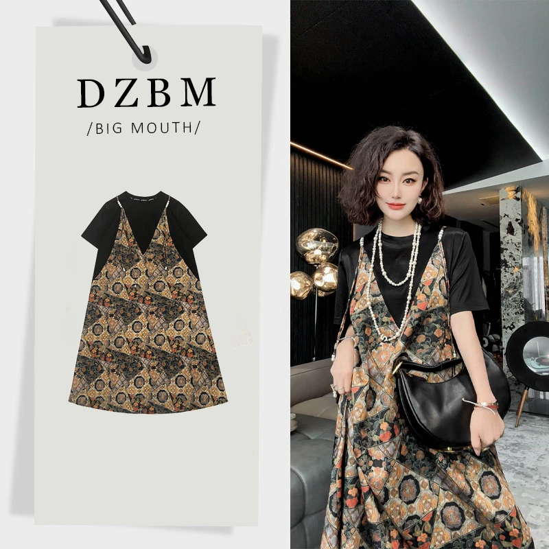 【DZBM】2025夏季新款中式印花拼接设计香云纱垂感高贵连衣裙-Q3954