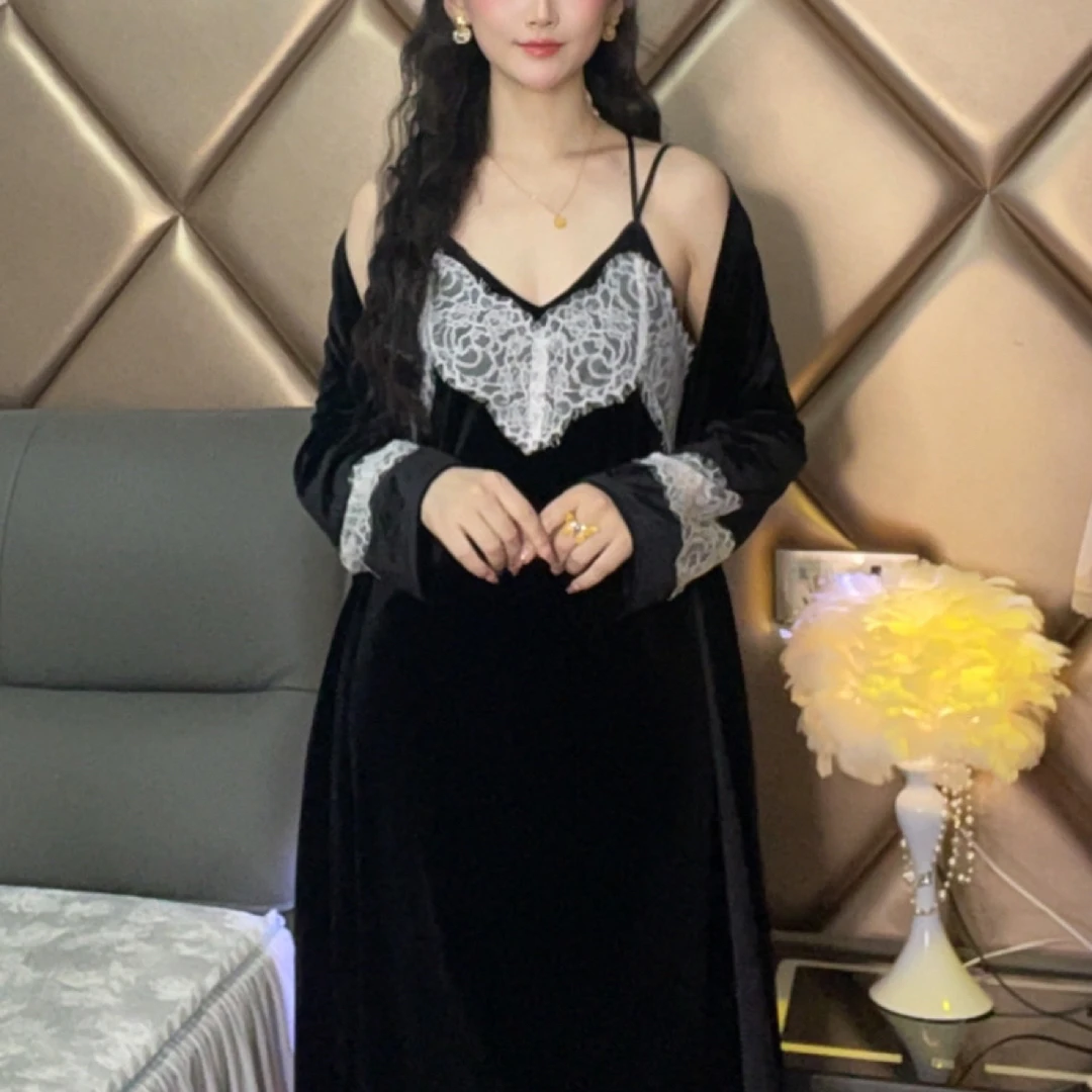 【涵玉】秋冬新款法式V领金丝绒长袖睡袍套装睡裙美背高级吊带长裙