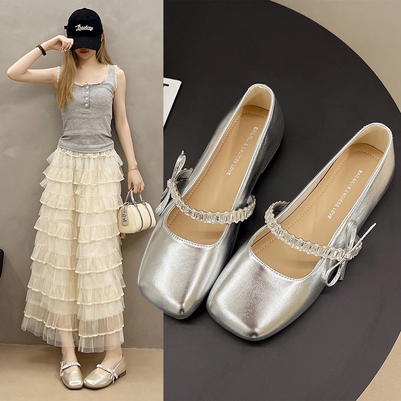 2025春夏新款方头浅口平底单鞋简约百搭带钻软皮女鞋8309