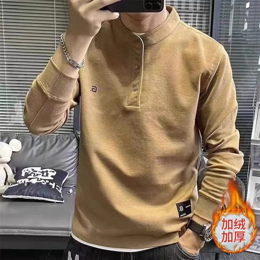 卫衣男春秋季新款潮牌纯色刺绣长袖加绒保暖立领套头百搭打底上衣