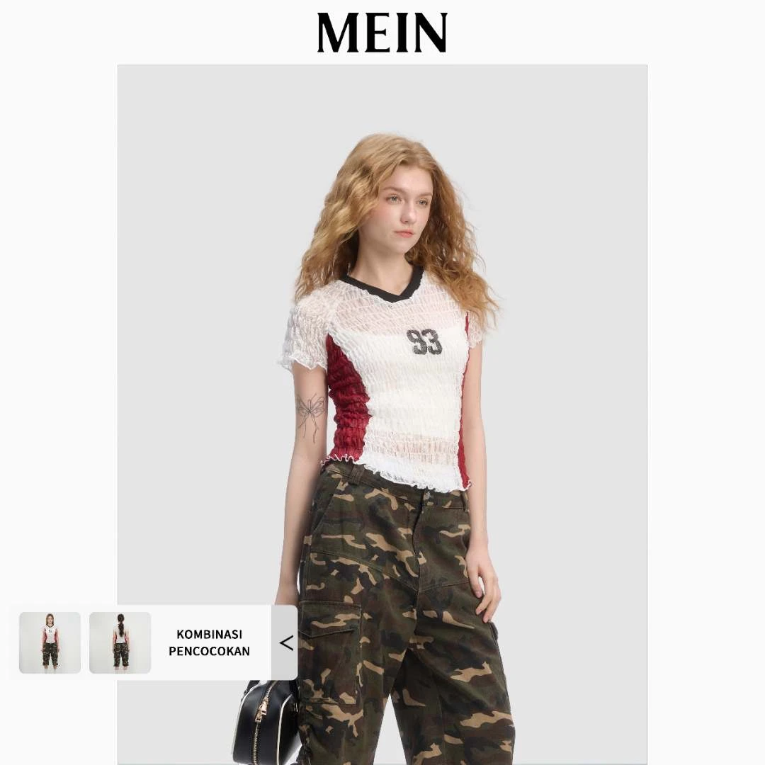 [MEIN] 运动少女系列 肌理感蕾丝打揽修身短袖T恤 1493