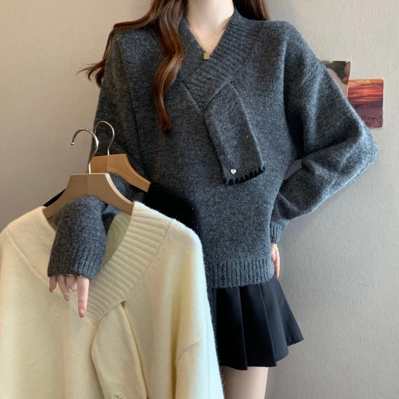法式V领长袖时尚套头针织衫上衣毛衣2025大码胖MM秋冬新款设计感