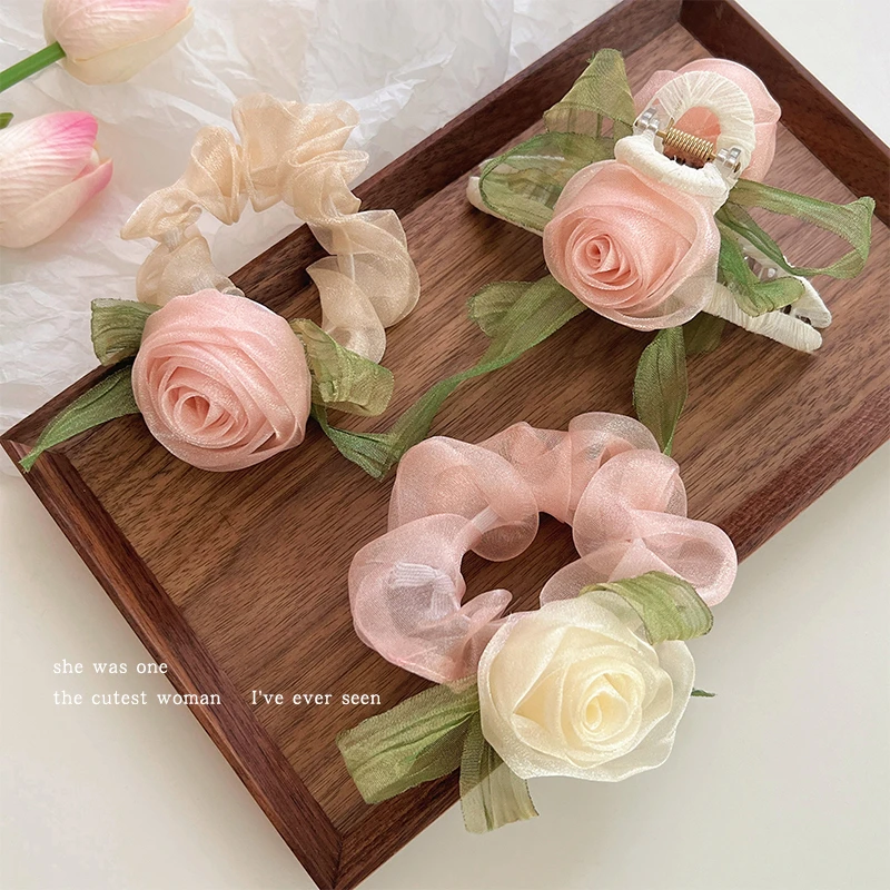 森系玫瑰花朵发绳女生扎马尾头头绳后脑勺盘头发发夹子高级感头饰