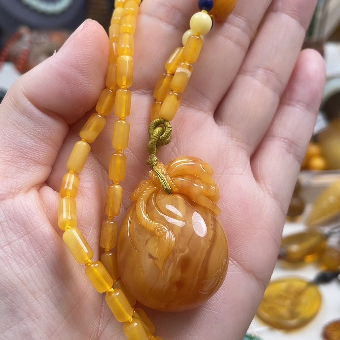 蜜蜡未镶嵌珠宝奇石福袋毛衣链