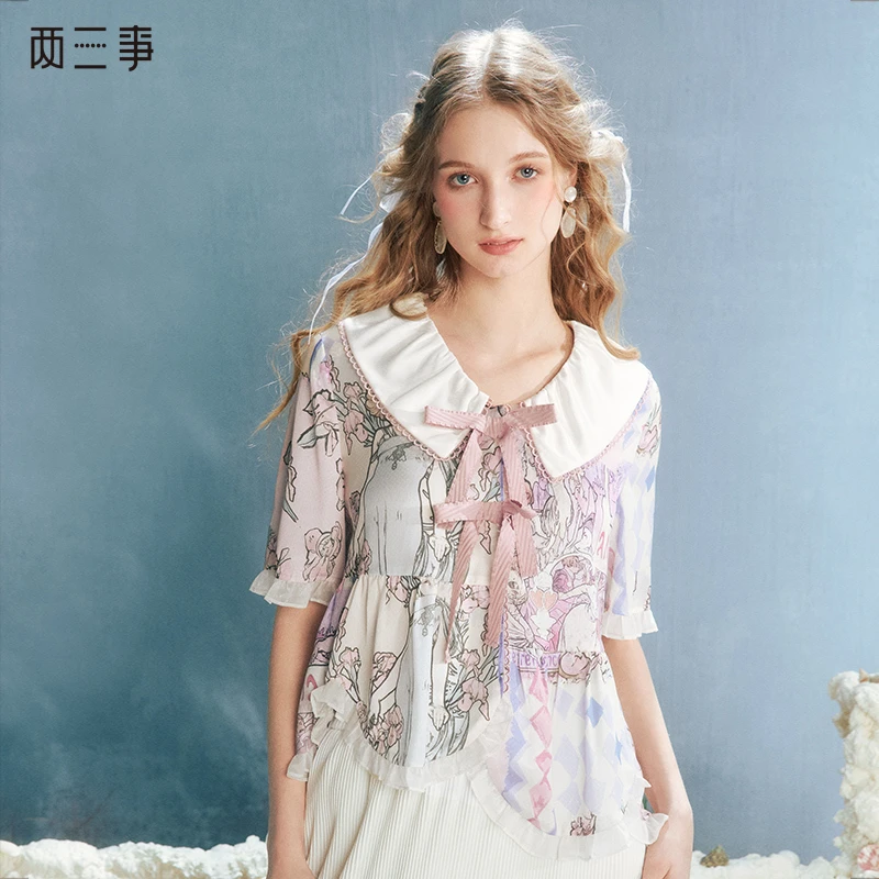 两三事花盈诗颂2025春季新款甜美蝴蝶结翻领油画印花雪纺衫女