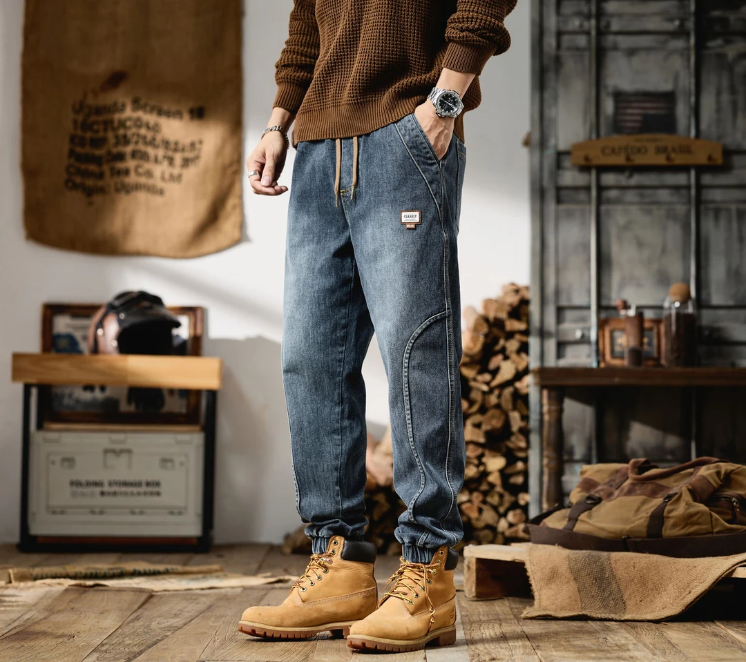 裤子秋冬水洗长裤日系休闲潮流立体剪裁牛仔裤系带美式束脚牛仔裤