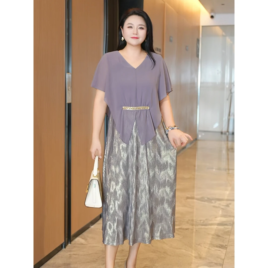 MsShe大码女装夏优雅假两件拼接流光褶皱裙摆连衣裙J~B2507071
