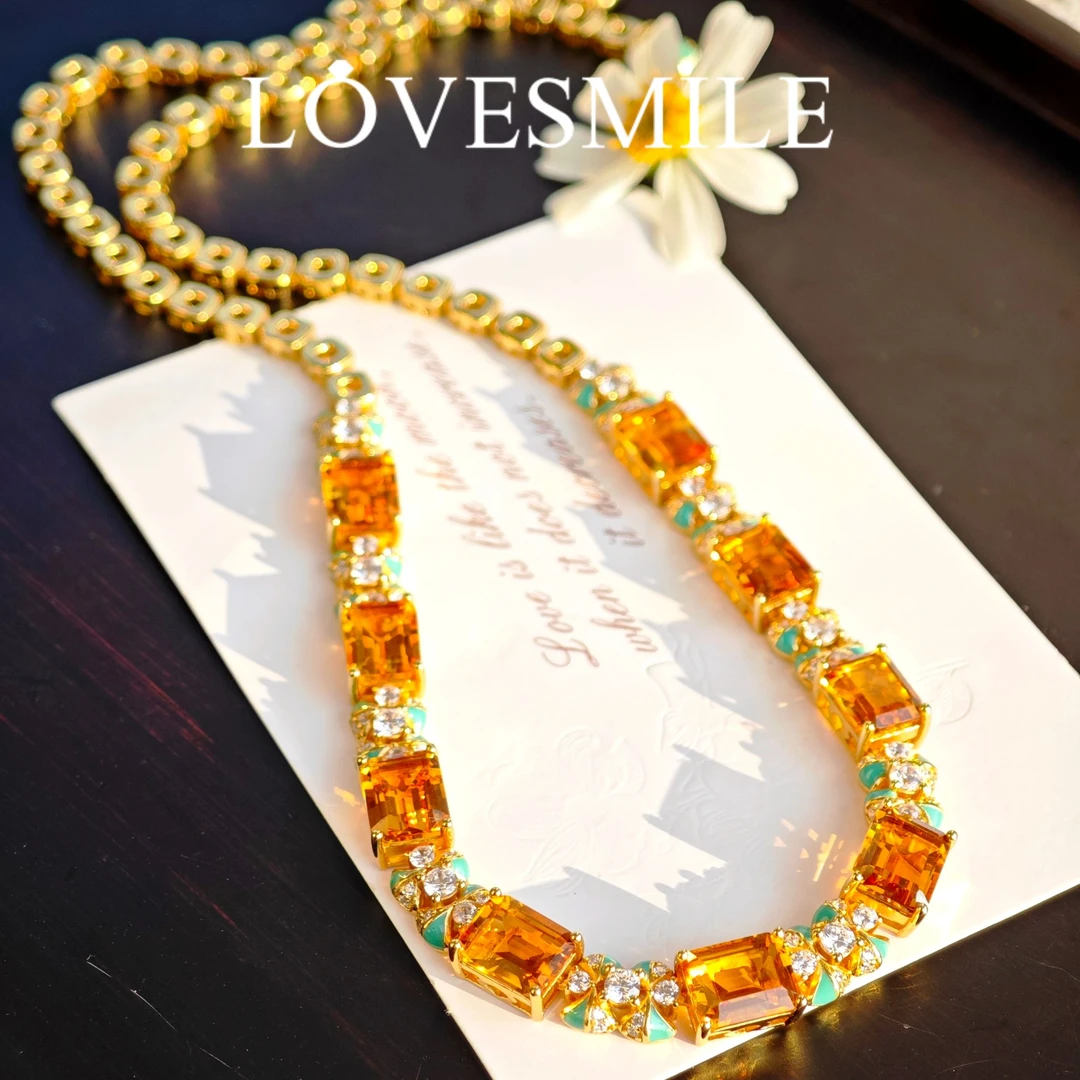 S925银黄晶项链方切时尚珐琅彩